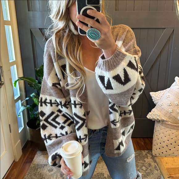 New Aztec Print Native Knit Wool Cardigan Sweater Button Front V-Neck Oversized - Picture 5 of 11